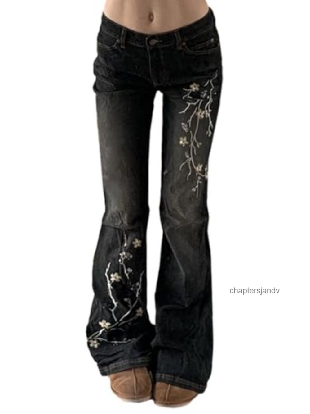 Women's Bell Bottom Flare Jeans Low Waist Embroidery Grunge Denim Pants